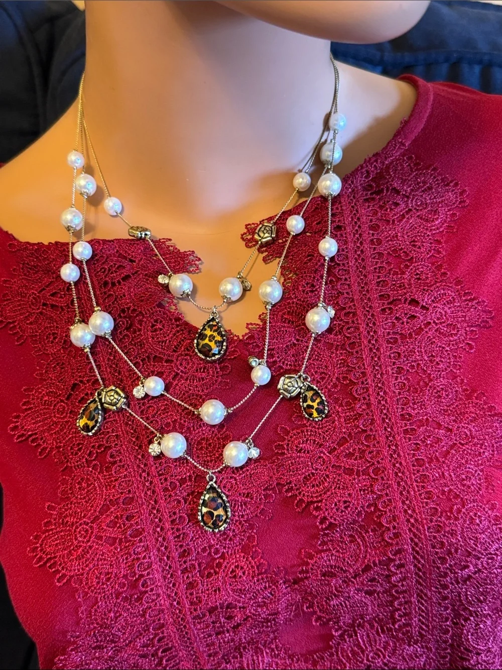 Betsey Johnson silver tone 3 strand necklace w/faux pearls, charms & rhinestones